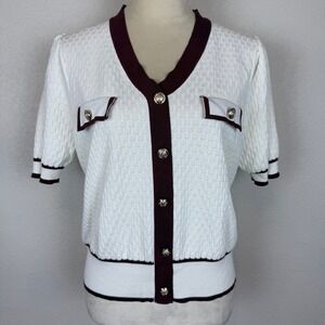 Nanette Lepore‎ Womens White Brown Knit Elbow Sweater Gold Button Short Sleeve
